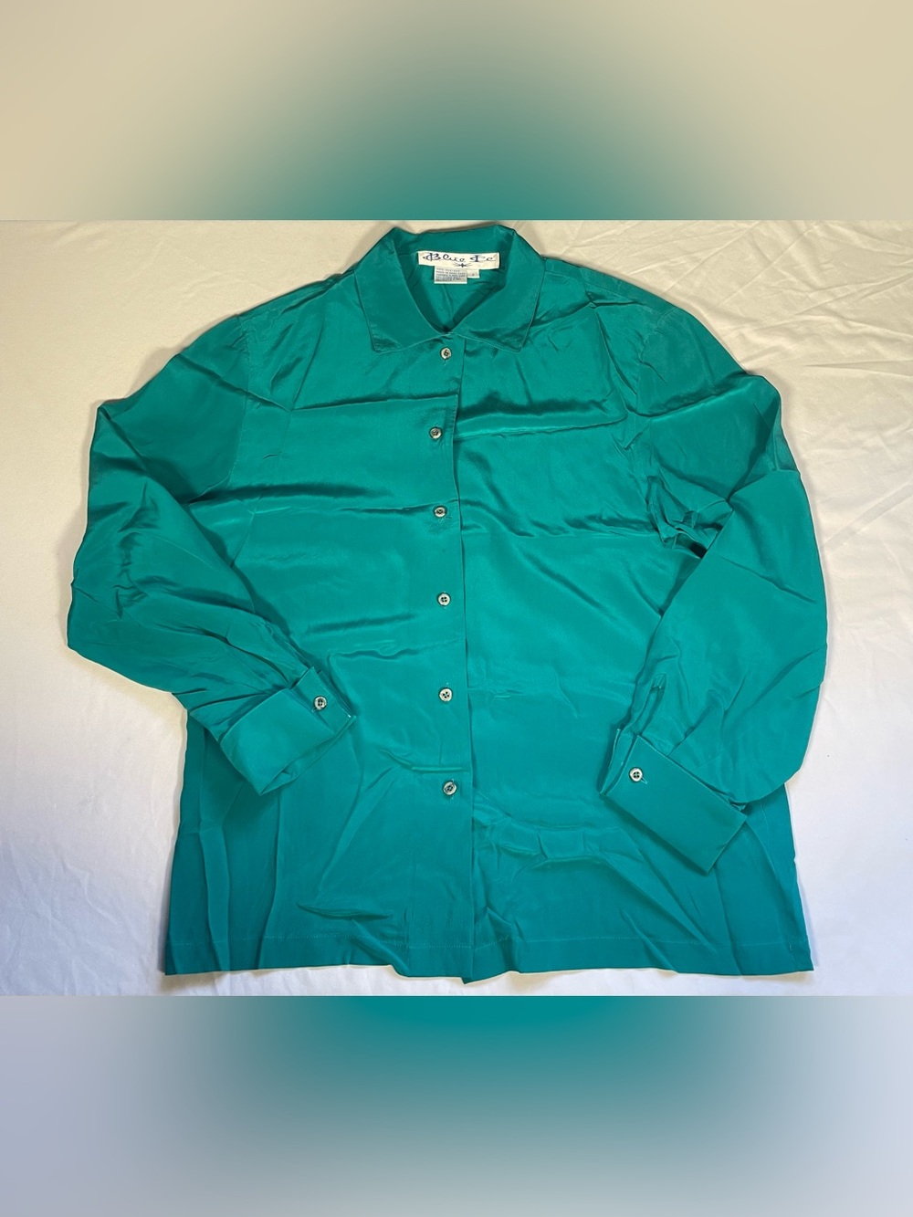 Vintage 80s/90s Blue Ice 100% Silk Blouse Size 8 Teal Pointed Collar Button Down